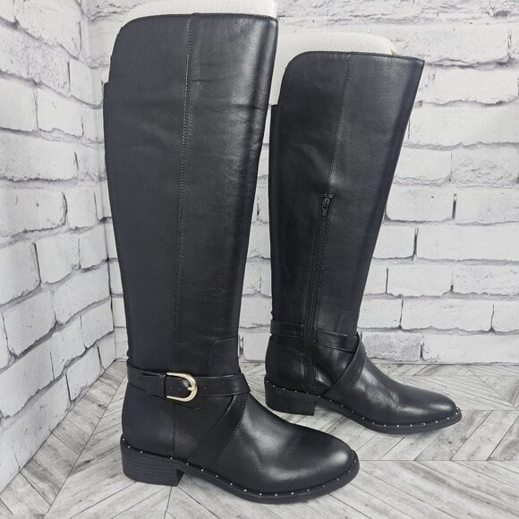 INC Black Leather Riding Boots With Buckle Detail Studded Sole Womens 7M New - Picture 1 of 16